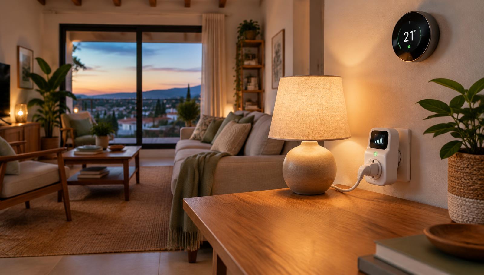 Salón doméstico al atardecer con lámpara LED, enchufe medidor de consumo y termostato en la pared